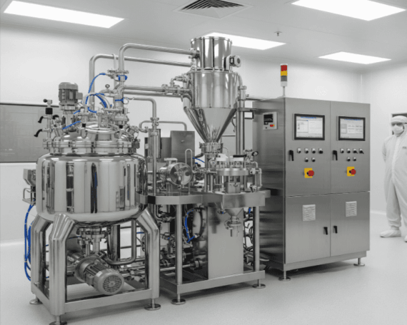 Custom stainless steel pharmaceutical processing equipment with GMP-compliant mixing tanks and an automated control panel in cleanroom environment