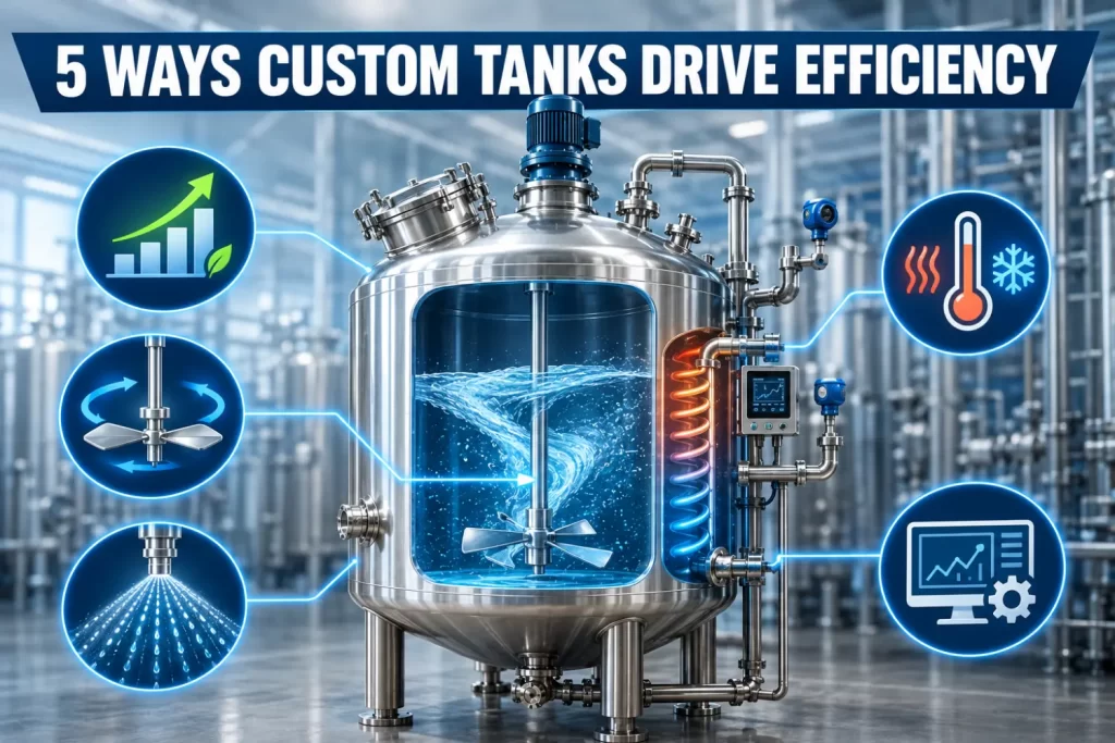 Custom stainless steel mixing tank cutaway showing 5 efficiency features for industrial processing