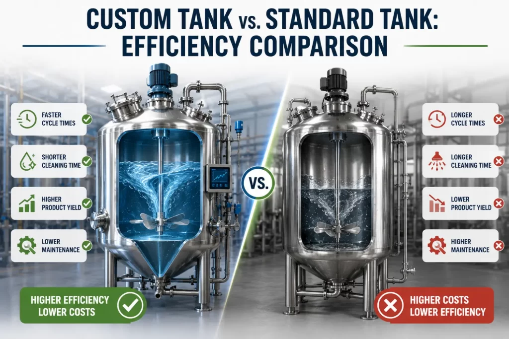 Custom tank vs standard industrial tank efficiency comparison diagram showing higher yield and lower maintenance benefits