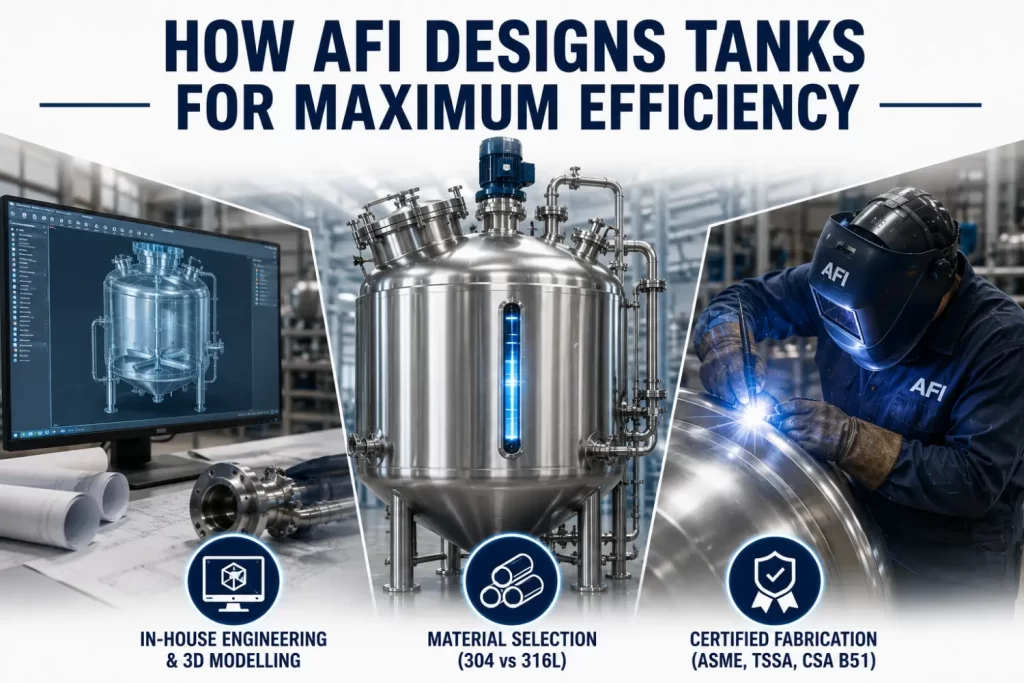 AFI custom tank design process featuring in-house CAD engineering, high-grade material selection, and ASME, TSSA, and CSA B51 certified welding