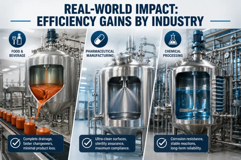 Custom stainless steel processing tanks designed for food beverage, pharmaceutical, and chemical manufacturing