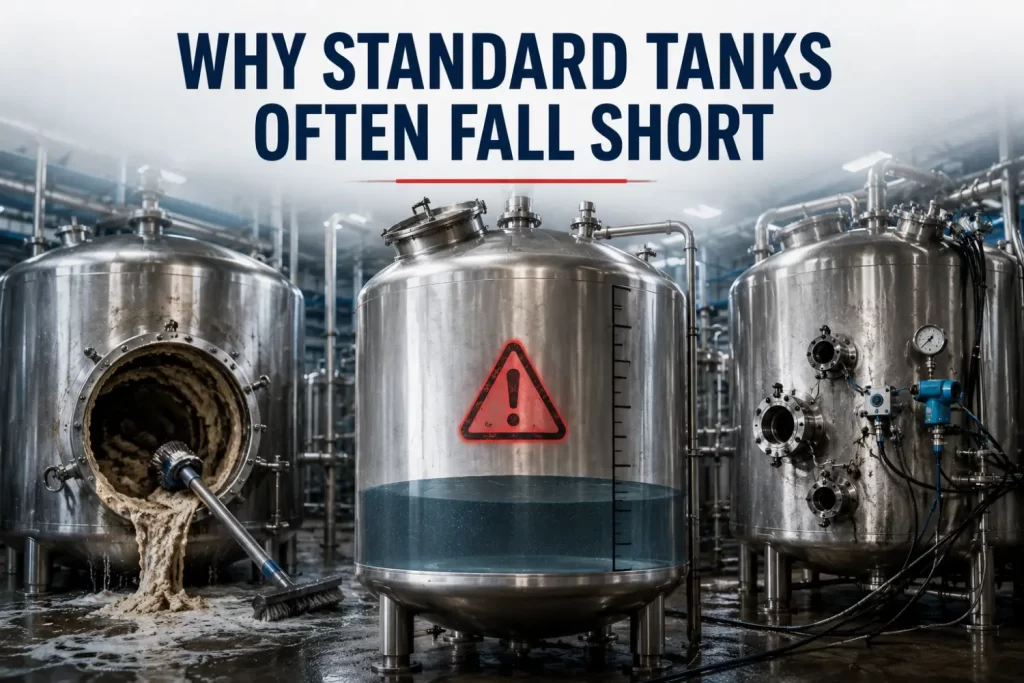 Industrial comparison graphic showing common failures in standard processing tanks, including CIP cleanout buildup, liquid level inaccuracies, and port placement issues.