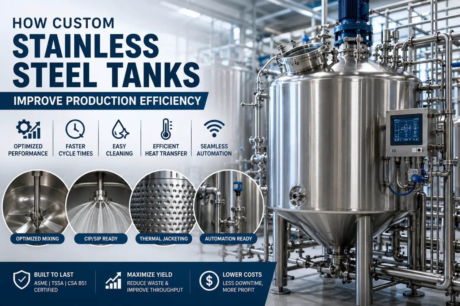 Industrial custom stainless steel mixing tank in a processing facility featuring thermal jacketing, CIP spray nozzles, and integrated digital automation controls.